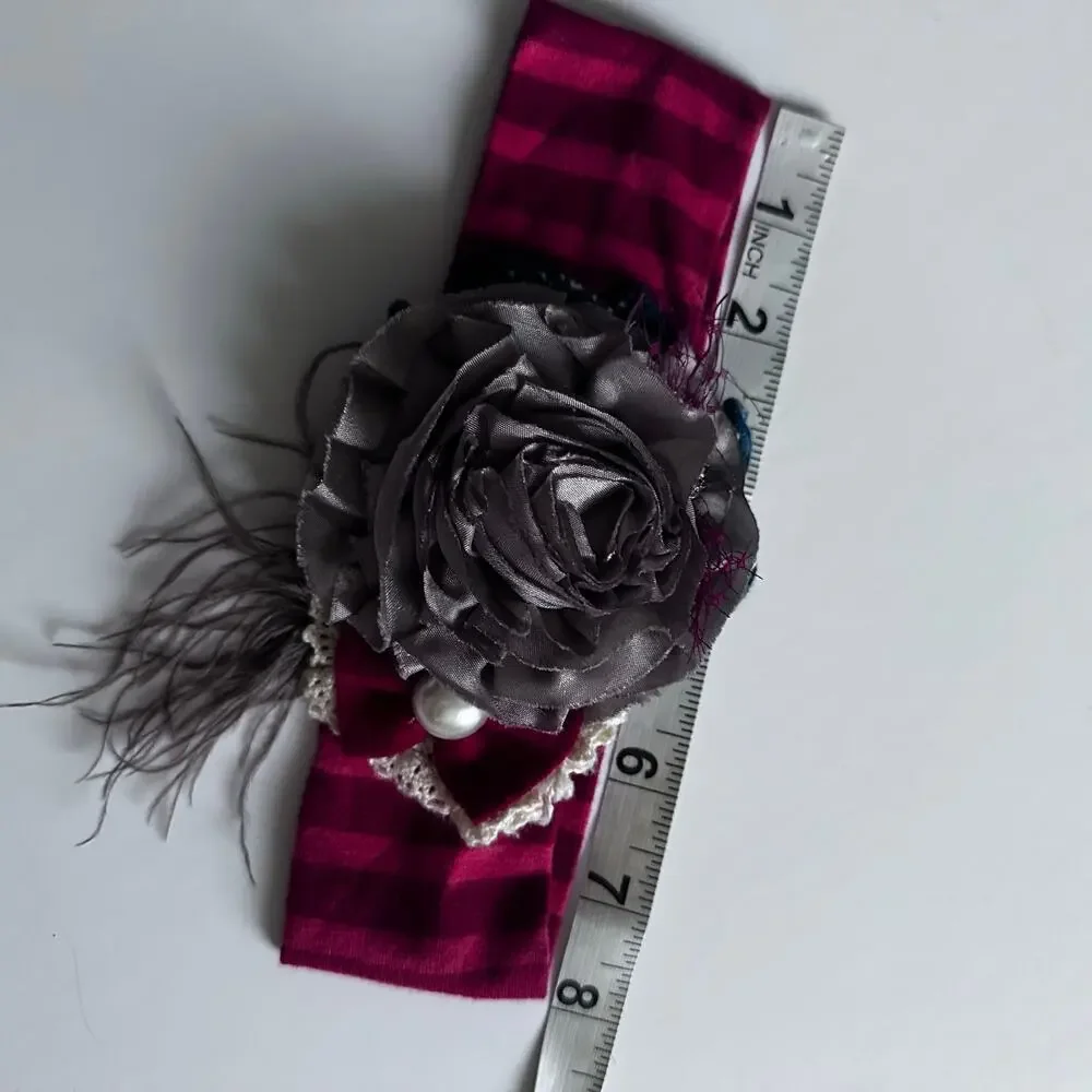 Persnickety Festive Holiday Headband Wrap Red Stripe Floral Detail